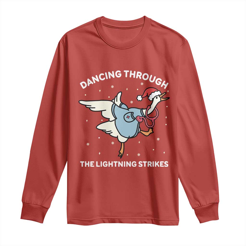 Christmas Goose Nurse Long Sleeve Shirt Dancing Through The Lightning Strikes - Wonder Print Shop