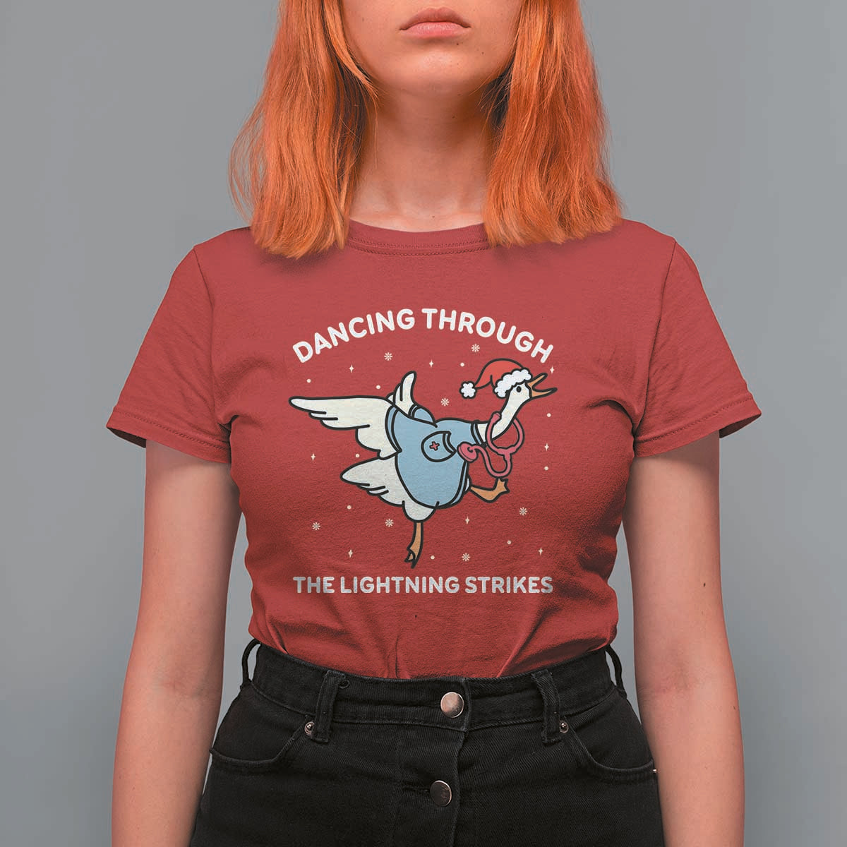 Christmas Goose Nurse T Shirt For Women Dancing Through The Lightning Strikes - Wonder Print Shop