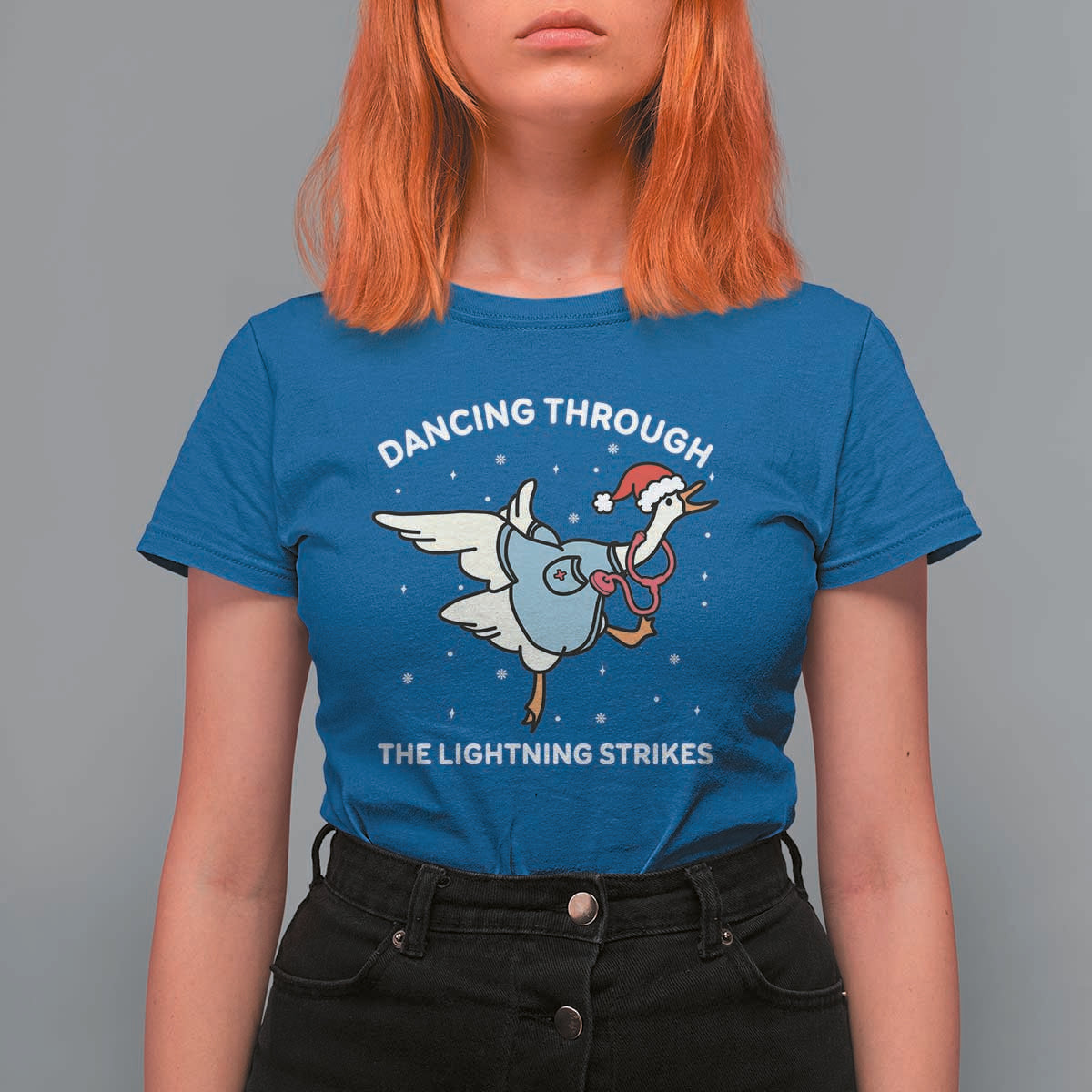 Christmas Goose Nurse T Shirt For Women Dancing Through The Lightning Strikes - Wonder Print Shop