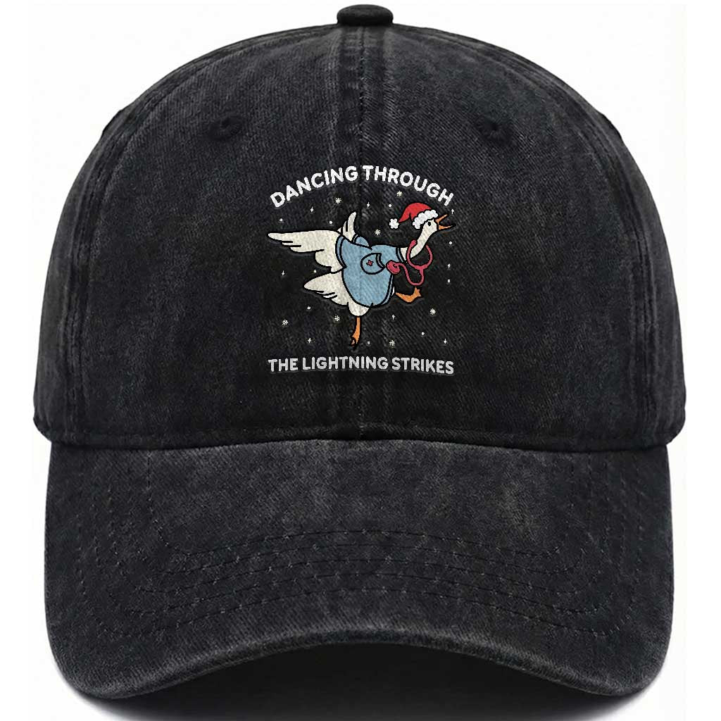 Christmas Goose Nurse Washed Cotton Baseball Cap Dancing Through The Lightning Strikes