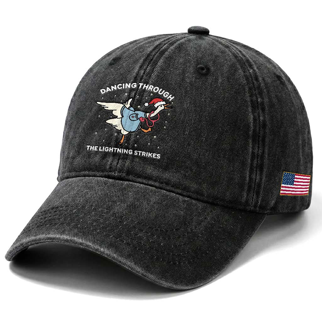 Christmas Goose Nurse Washed Cotton Baseball Cap Dancing Through The Lightning Strikes
