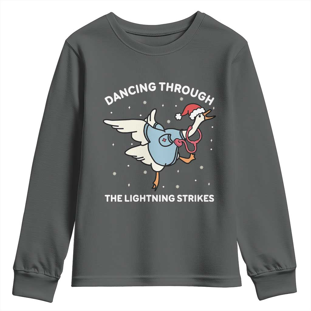 Christmas Goose Nurse Youth Sweatshirt Dancing Through The Lightning Strikes - Wonder Print Shop