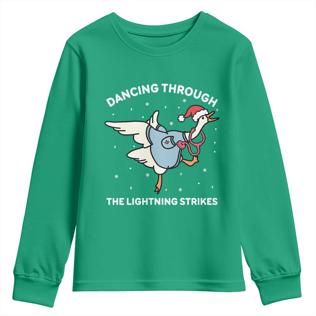 Christmas Goose Nurse Youth Sweatshirt Dancing Through The Lightning Strikes - Wonder Print Shop