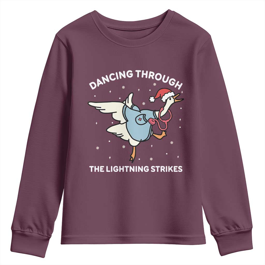 Christmas Goose Nurse Youth Sweatshirt Dancing Through The Lightning Strikes - Wonder Print Shop