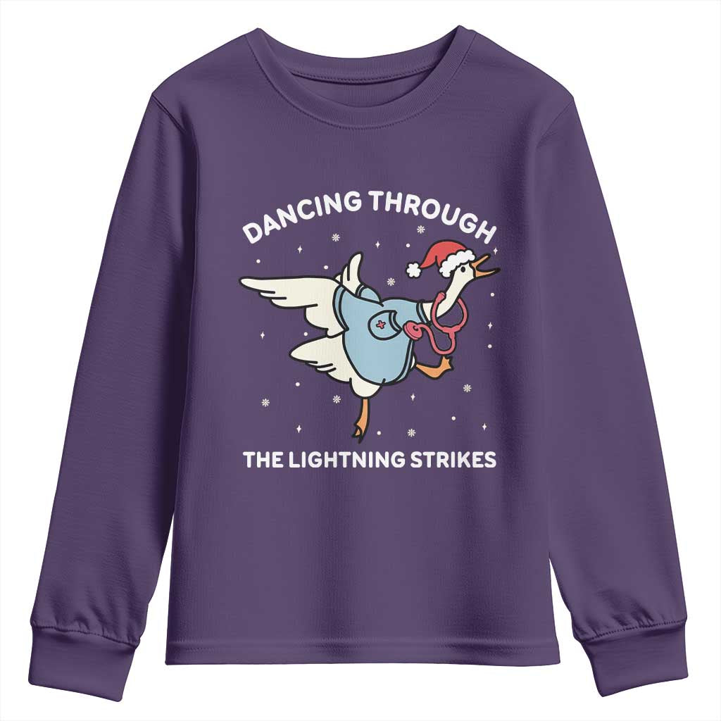 Christmas Goose Nurse Youth Sweatshirt Dancing Through The Lightning Strikes - Wonder Print Shop