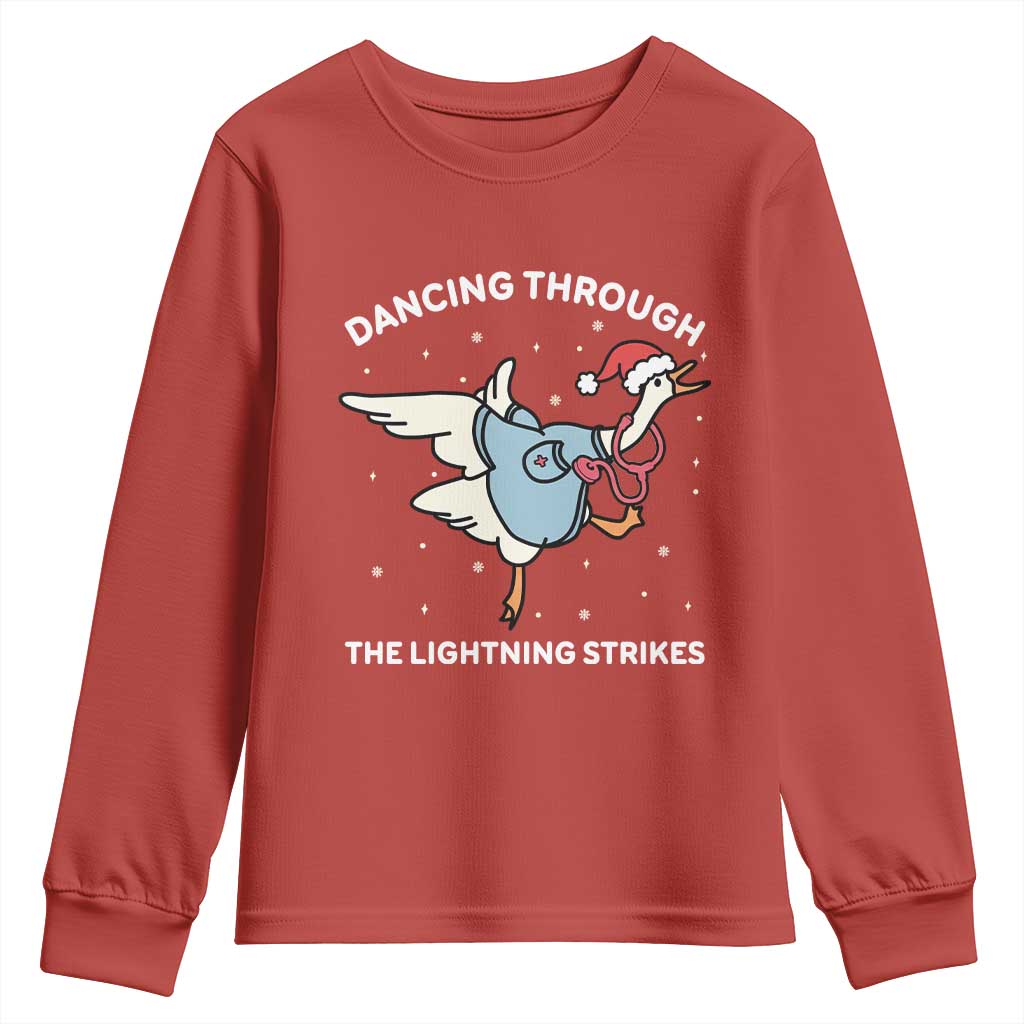 Christmas Goose Nurse Youth Sweatshirt Dancing Through The Lightning Strikes - Wonder Print Shop