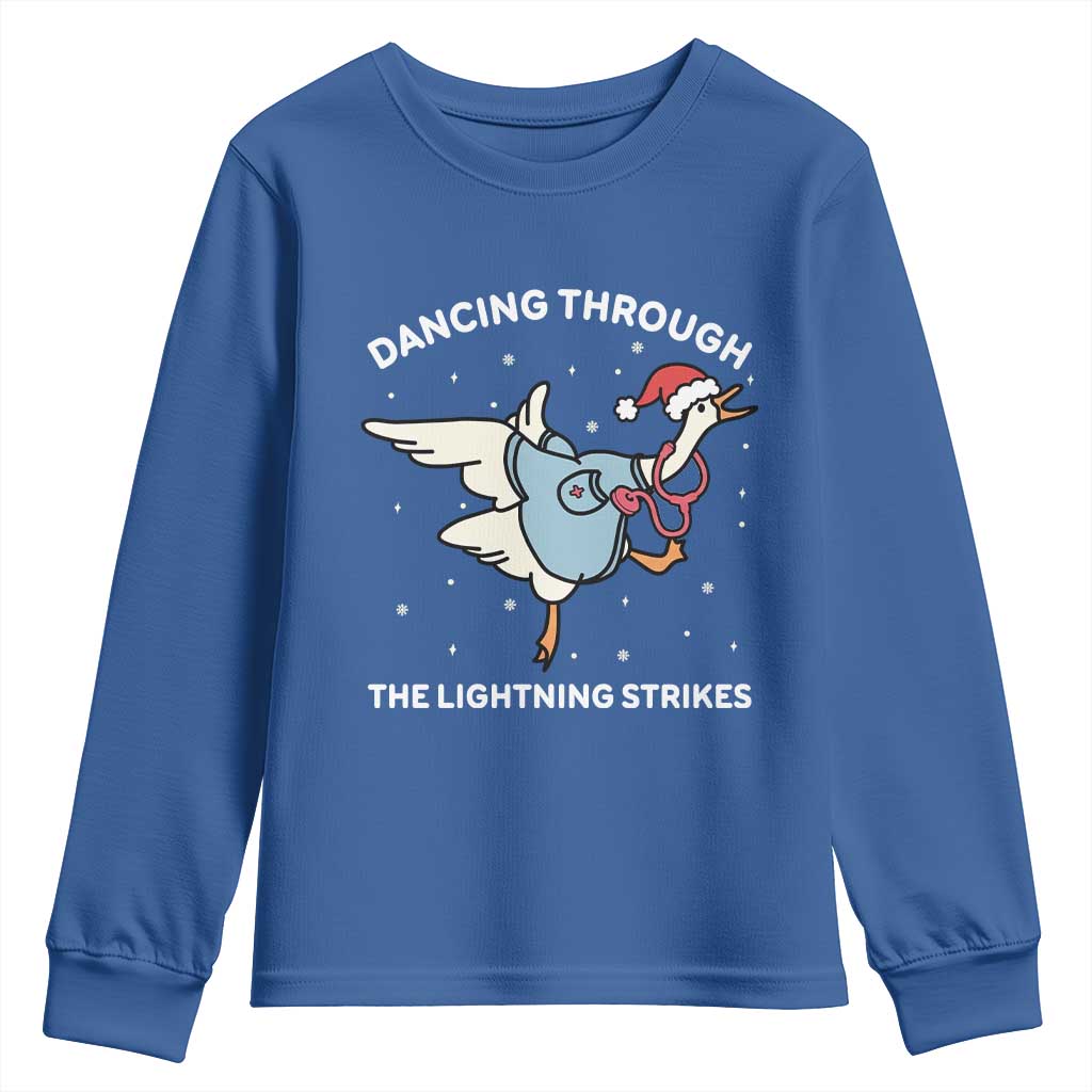 Christmas Goose Nurse Youth Sweatshirt Dancing Through The Lightning Strikes - Wonder Print Shop