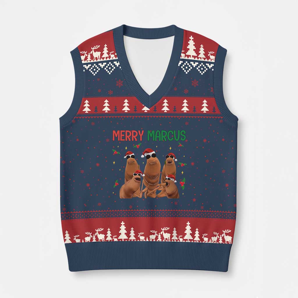 Marcus The Worm Xmas Meme V-Neck Knit Sweater Vest Funny Brain Rot Gen Z Xmas - Wonder Print Shop