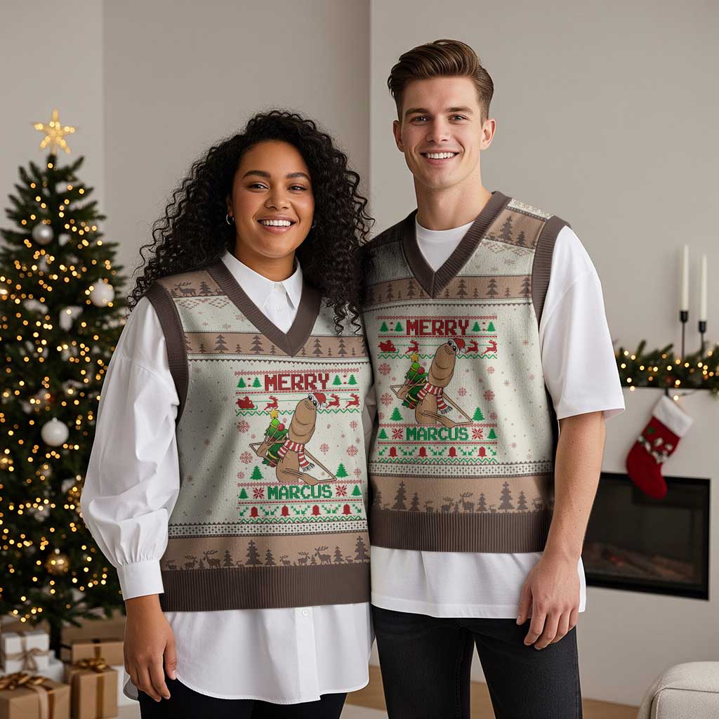 Marcus The Worm Robert Meme Xmas V-Neck Knit Sweater Vest Funny Brain Rot Xmas - Wonder Print Shop