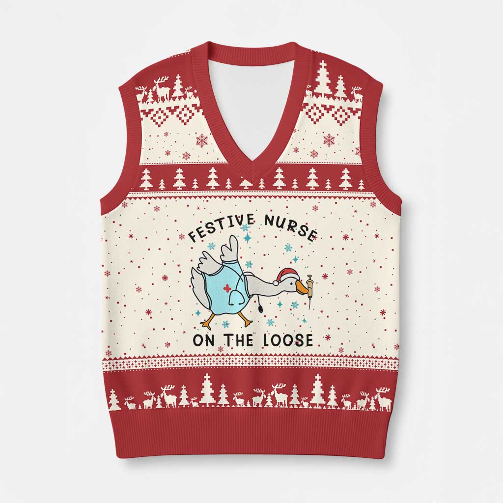 Funny Goose Nurse Xmas V-Neck Knit Sweater Vest Festive Nurses On The Loose - Wonder Print Shop
