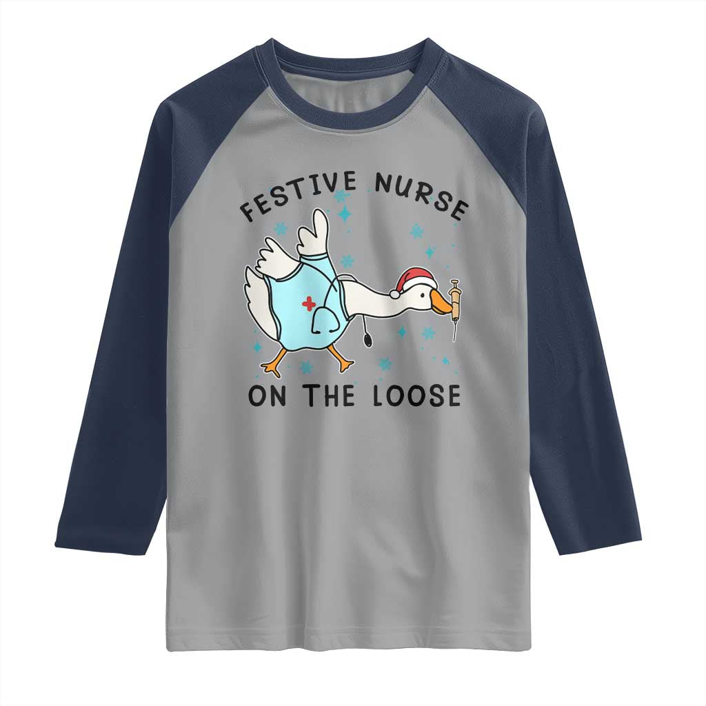 Funny Goose Nurse Christmas Raglan Shirt Festive Nurses On The Loose - Wonder Print Shop