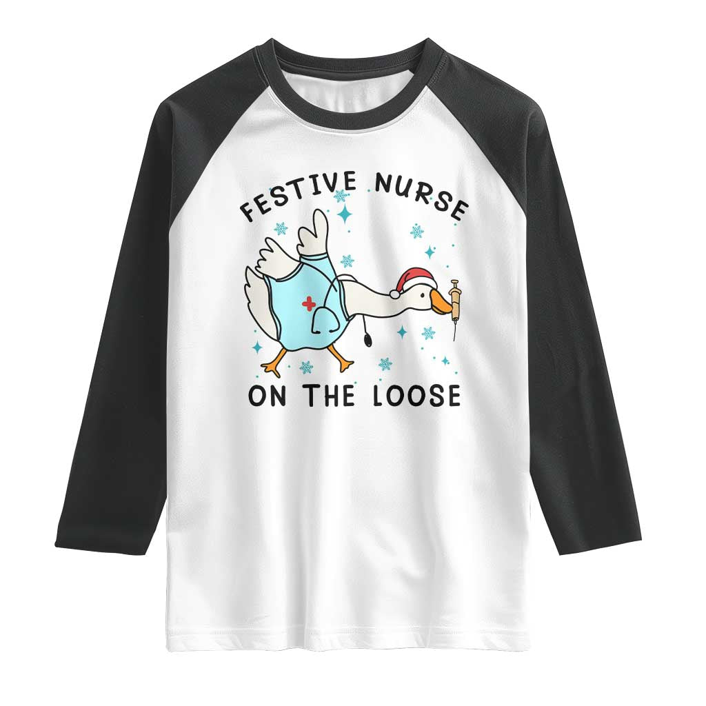 Funny Goose Nurse Christmas Raglan Shirt Festive Nurses On The Loose - Wonder Print Shop