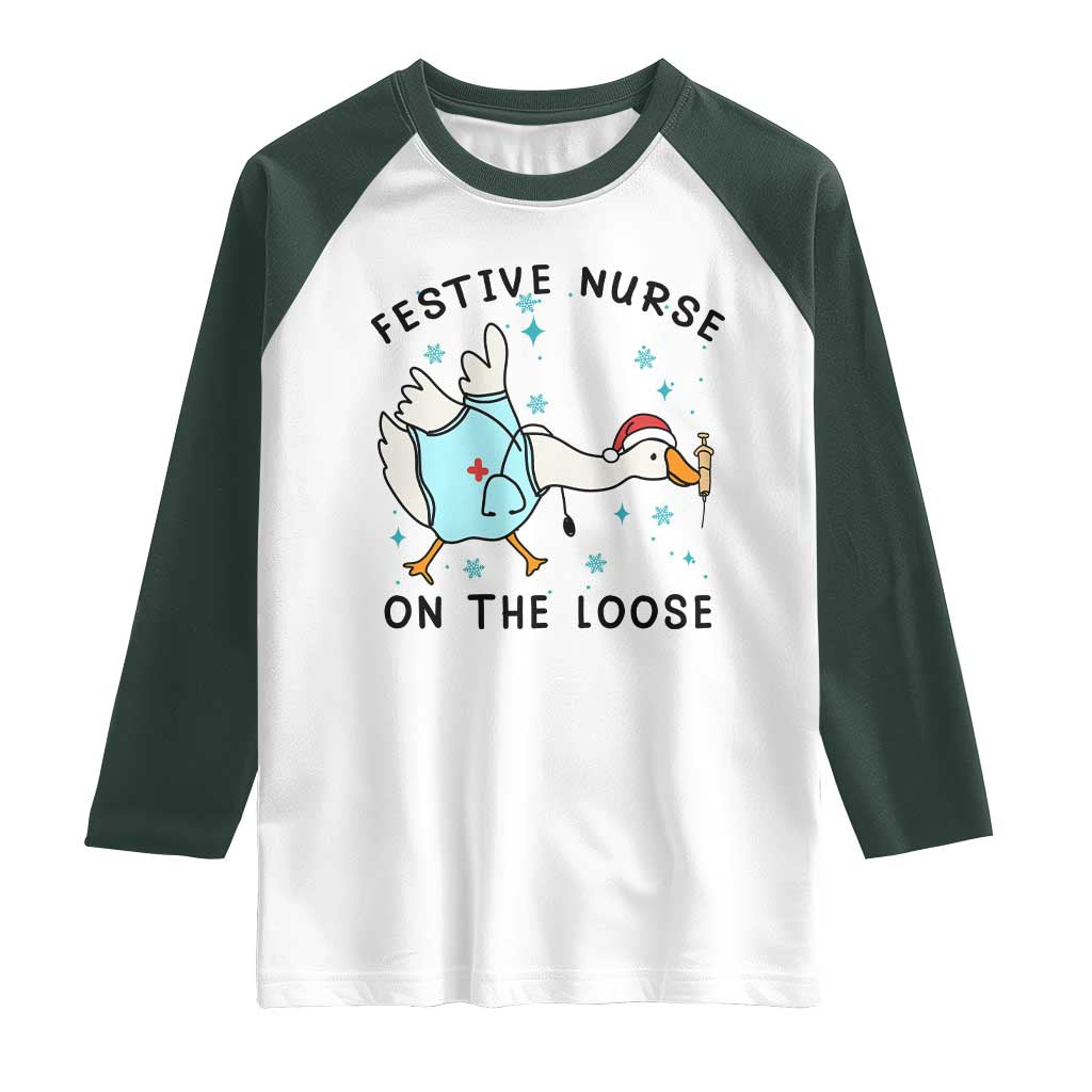 Funny Goose Nurse Christmas Raglan Shirt Festive Nurses On The Loose - Wonder Print Shop