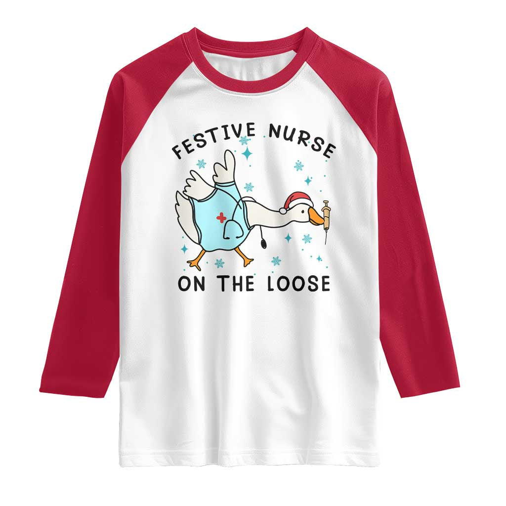 Funny Goose Nurse Christmas Raglan Shirt Festive Nurses On The Loose - Wonder Print Shop