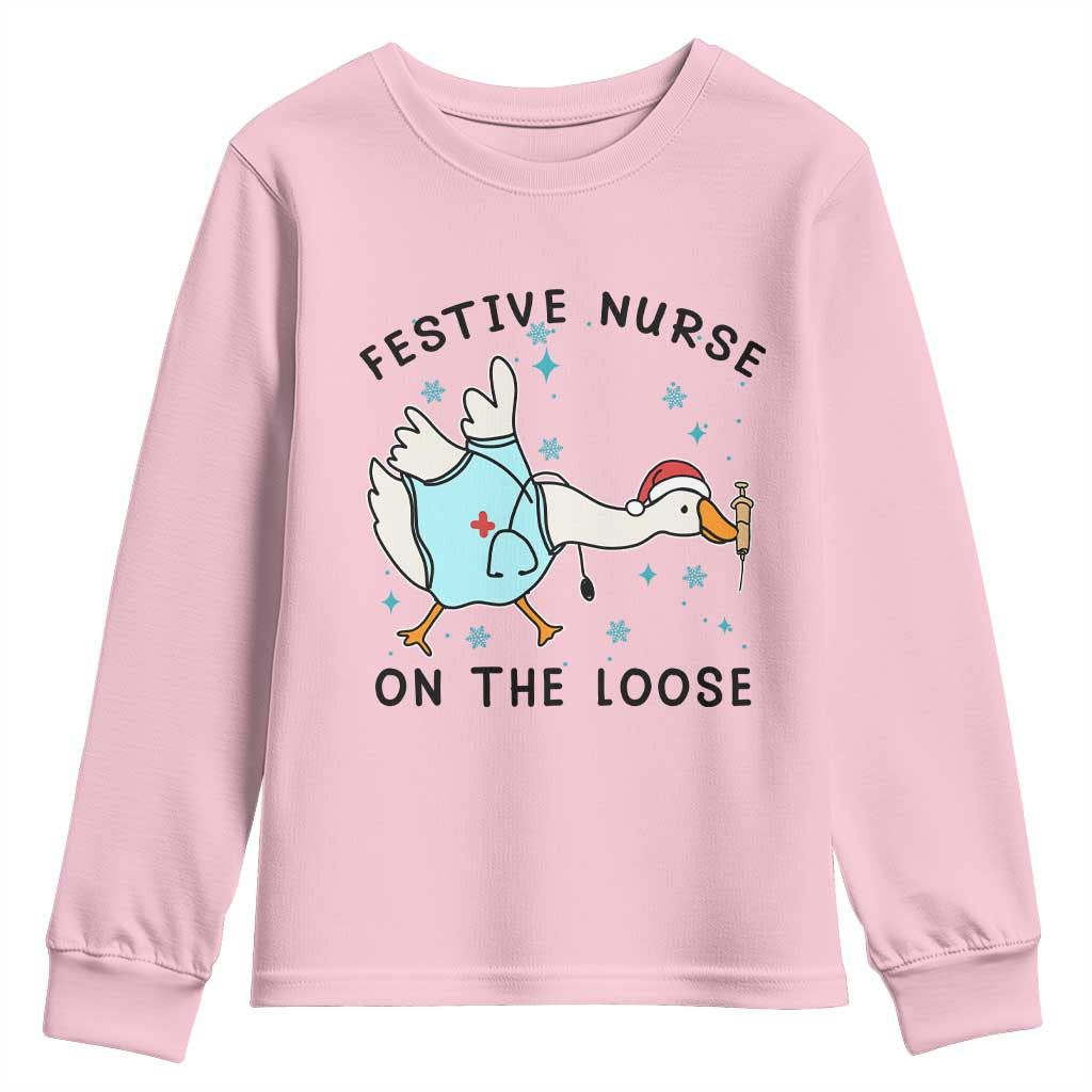 Funny Goose Nurse Christmas Youth Sweatshirt Festive Nurses On The Loose - Wonder Print Shop