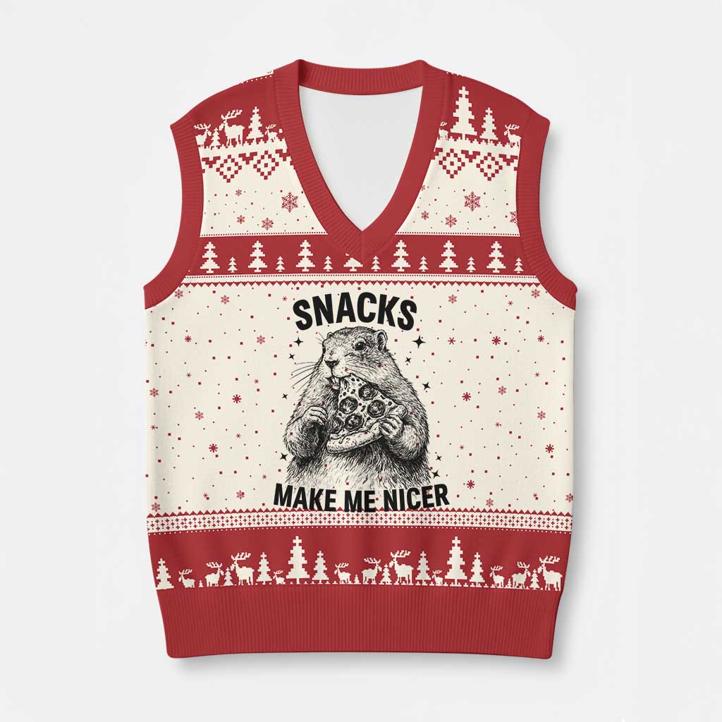 Funny Groundhog Eating Pizza V-Neck Knit Sweater Vest Snacks Make Me Nicer