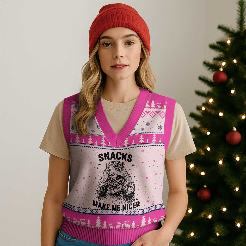 Funny Groundhog Eating Pizza V-Neck Knit Sweater Vest Snacks Make Me Nicer