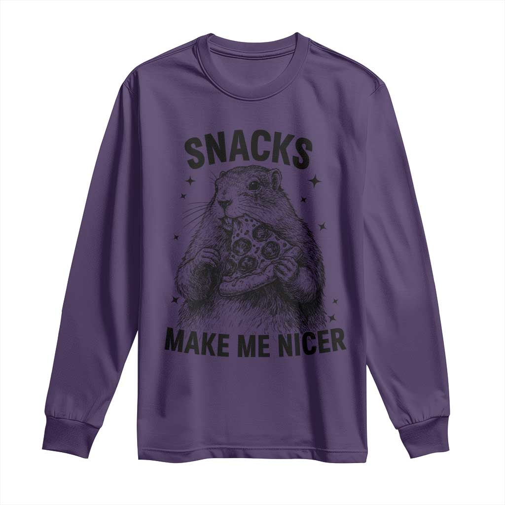 Funny Groundhog Eating Pizza Long Sleeve Shirt Snacks Make Me Nicer