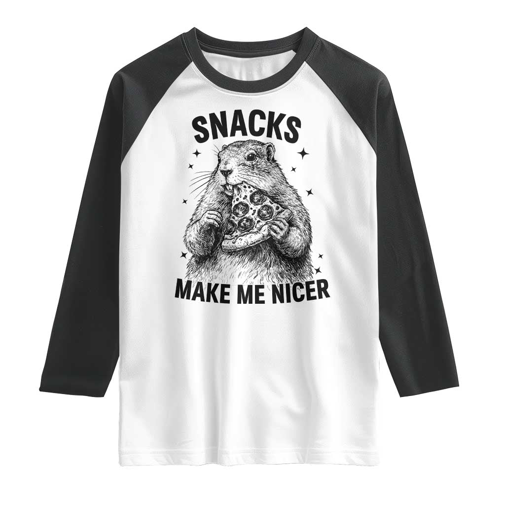 Funny Groundhog Eating Pizza Raglan Shirt Snacks Make Me Nicer
