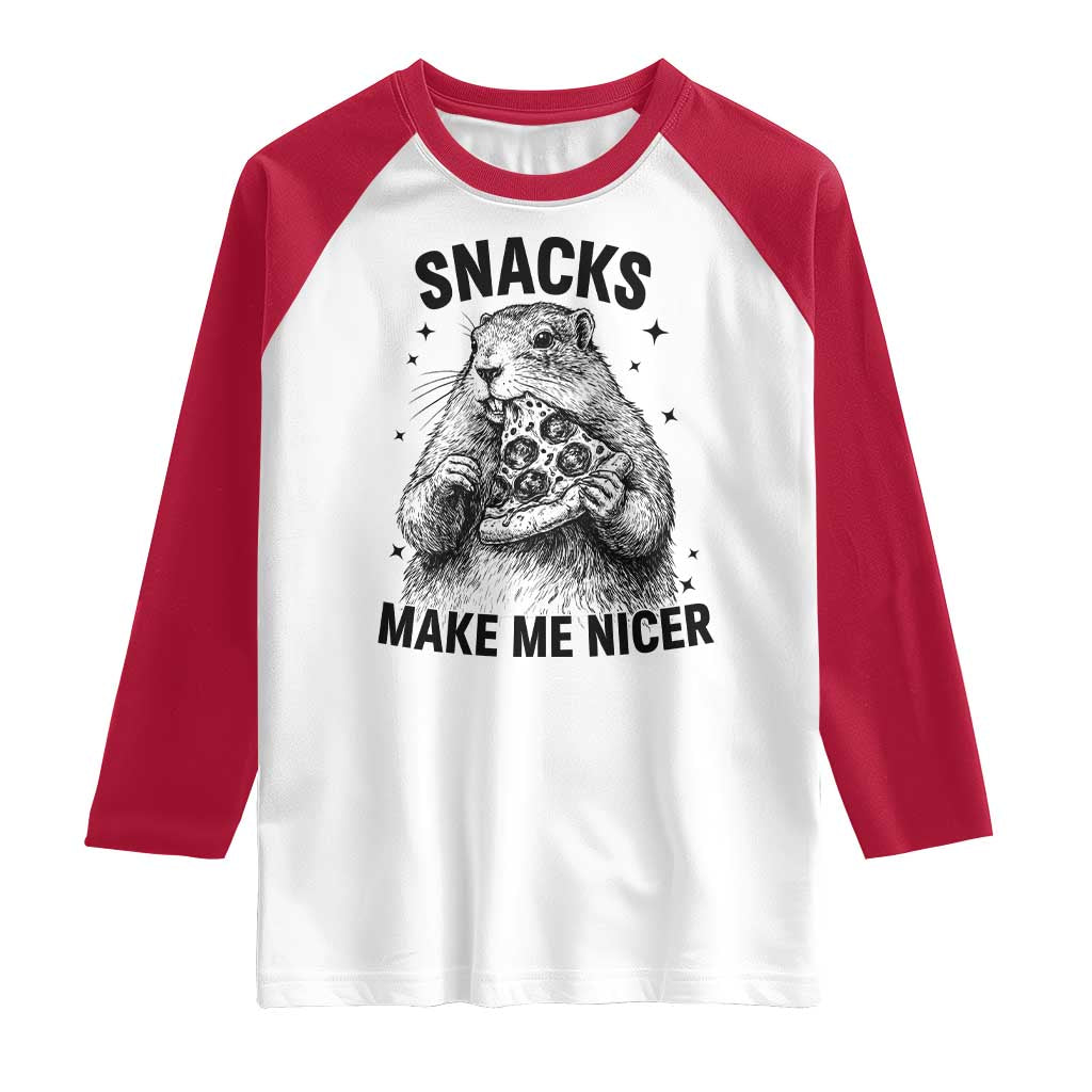 Funny Groundhog Eating Pizza Raglan Shirt Snacks Make Me Nicer