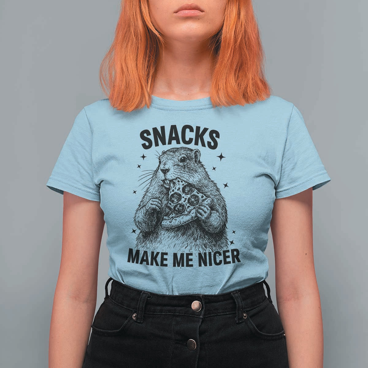 Funny Groundhog Eating Pizza T Shirt For Women Snacks Make Me Nicer