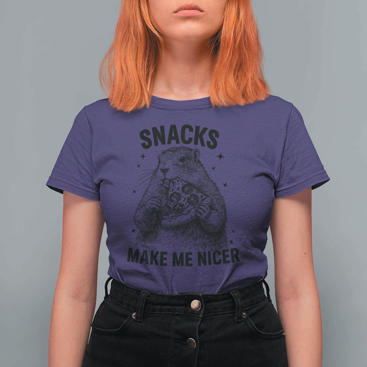 Funny Groundhog Eating Pizza T Shirt For Women Snacks Make Me Nicer