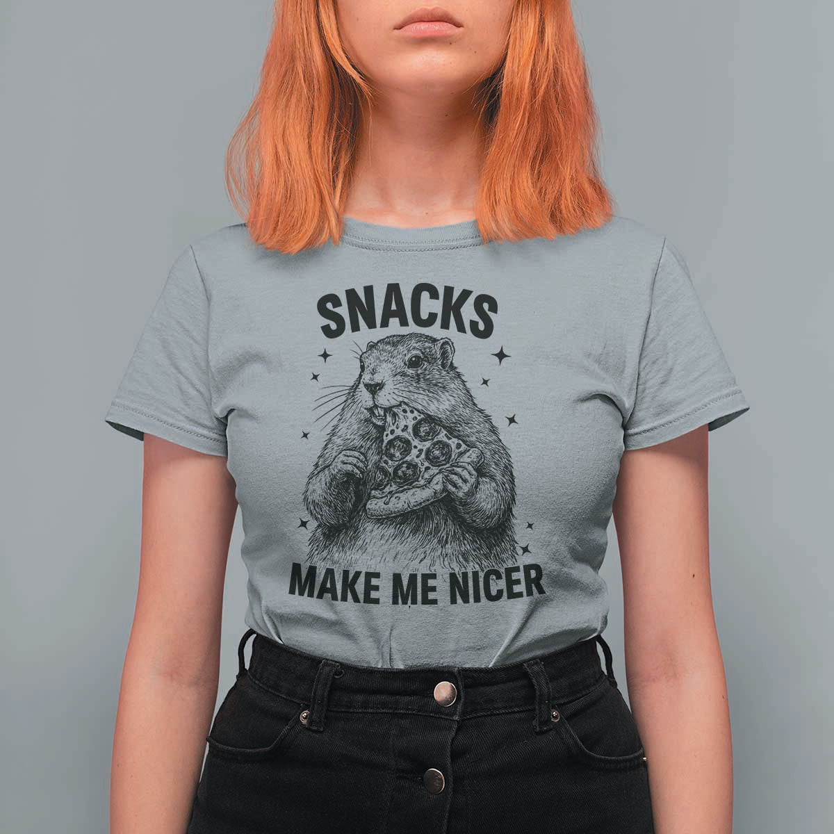 Funny Groundhog Eating Pizza T Shirt For Women Snacks Make Me Nicer