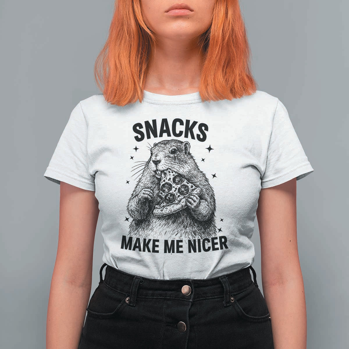 Funny Groundhog Eating Pizza T Shirt For Women Snacks Make Me Nicer