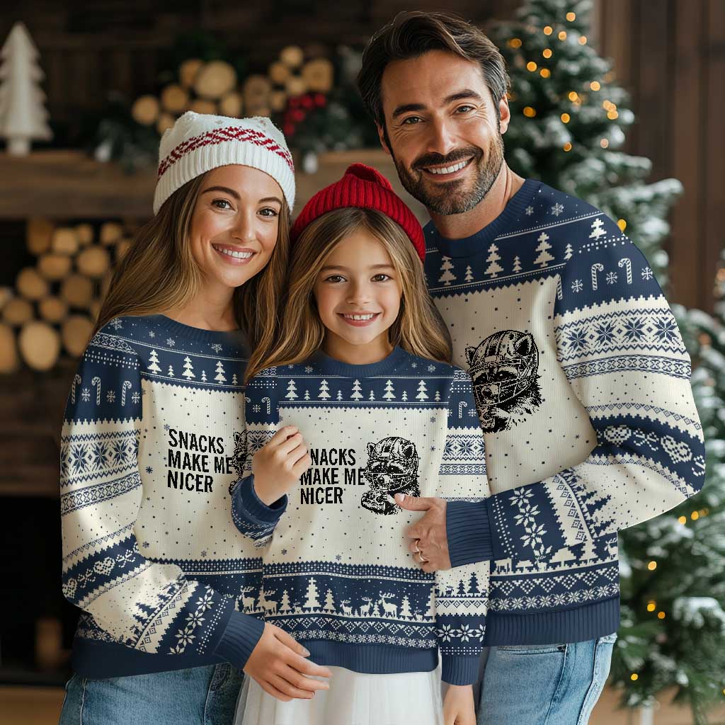 Funny Raccoon Eating Pizza Ugly Christmas Sweater Snacks Make Me Nicer