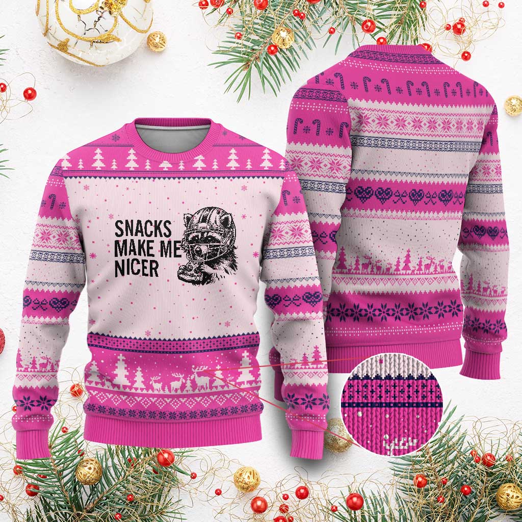 Funny Raccoon Eating Pizza Ugly Christmas Sweater Snacks Make Me Nicer
