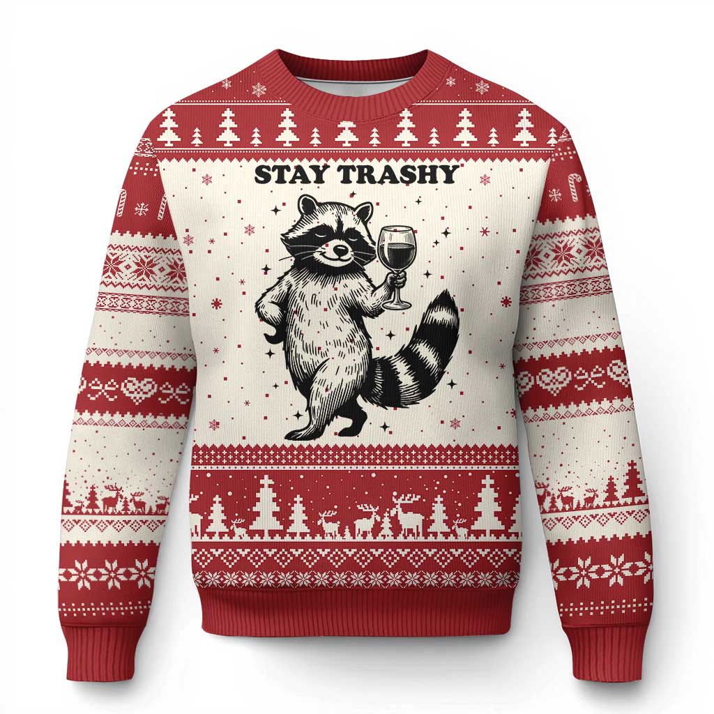 Stay Trashy Raccoon Ugly Christmas Sweater Funny Raccoon Drinking Wine Meme