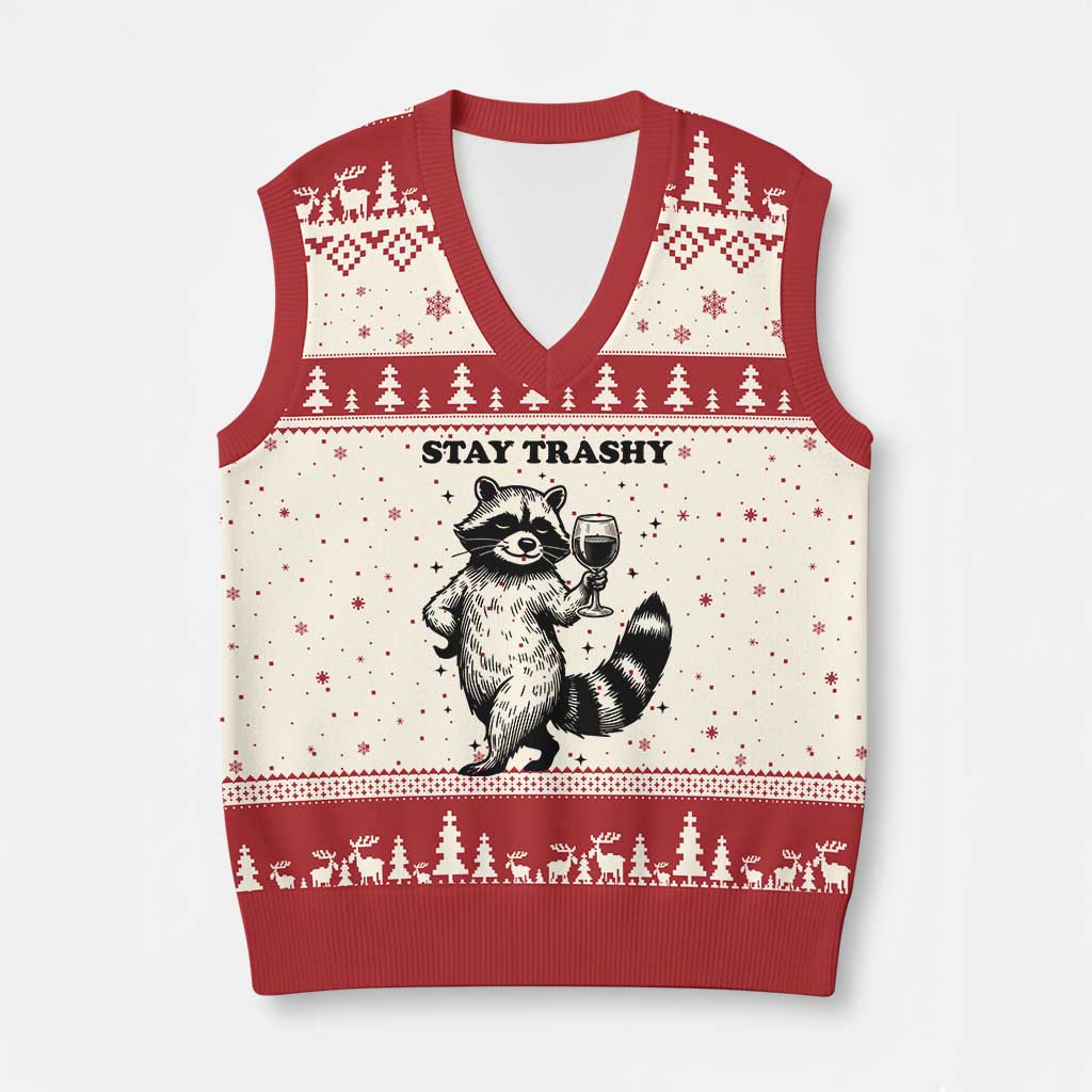 Stay Trashy Raccoon V-Neck Knit Sweater Vest Funny Raccoon Drinking Wine Meme