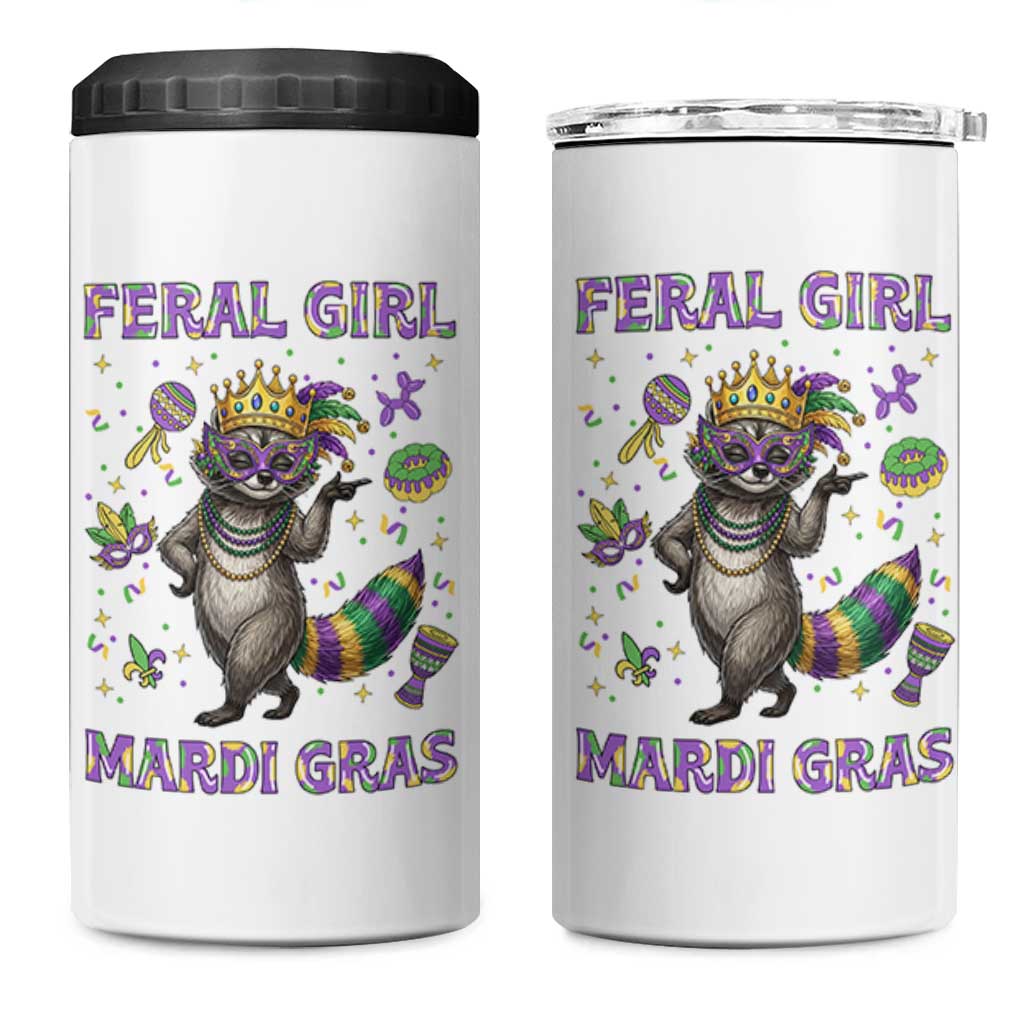Mardi Gras Raccoon 4 in 1 Can Cooler Tumbler Feral Girl Mardi Gras