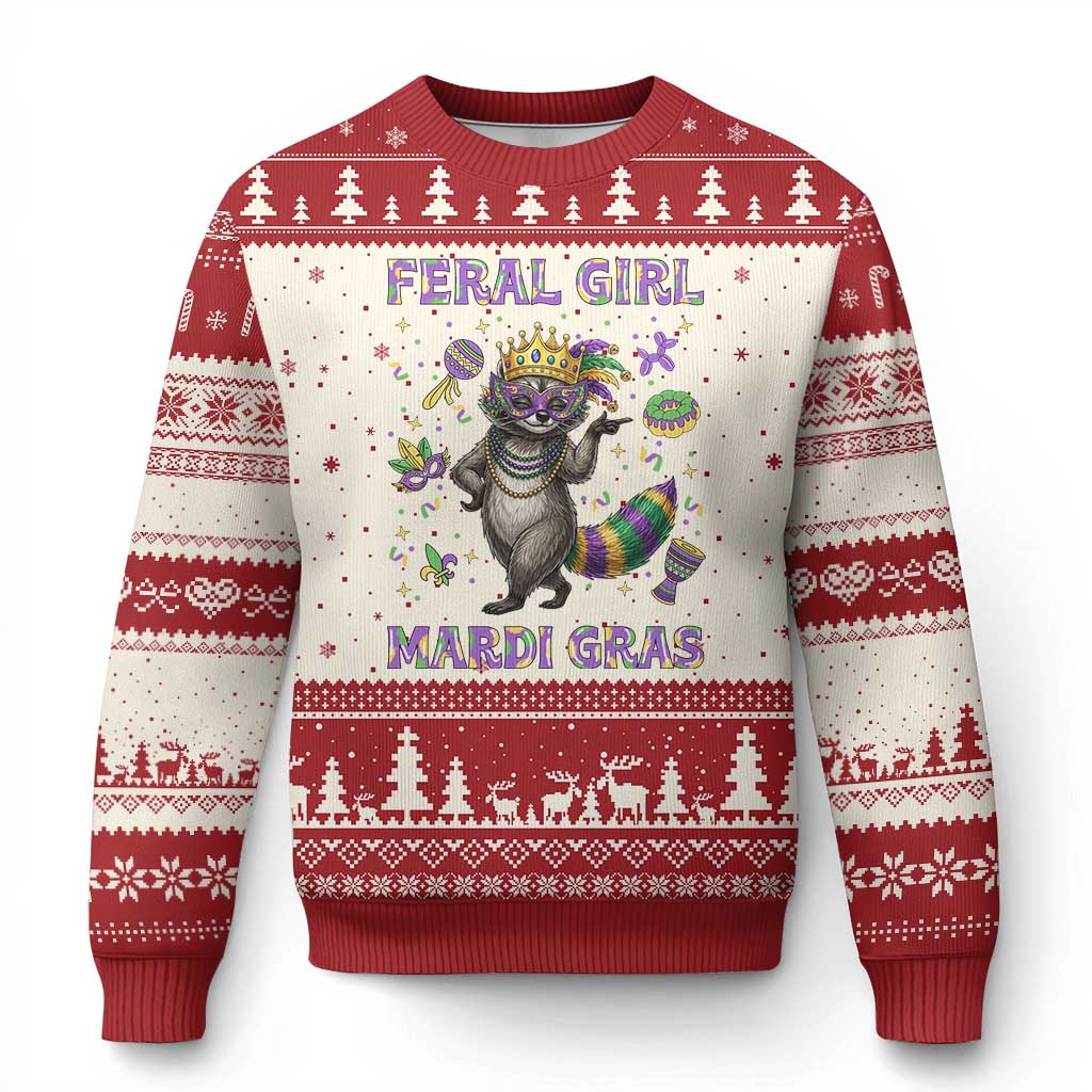 Mardi Gras Raccoon Ugly Christmas Sweater Feral Girl Mardi Gras