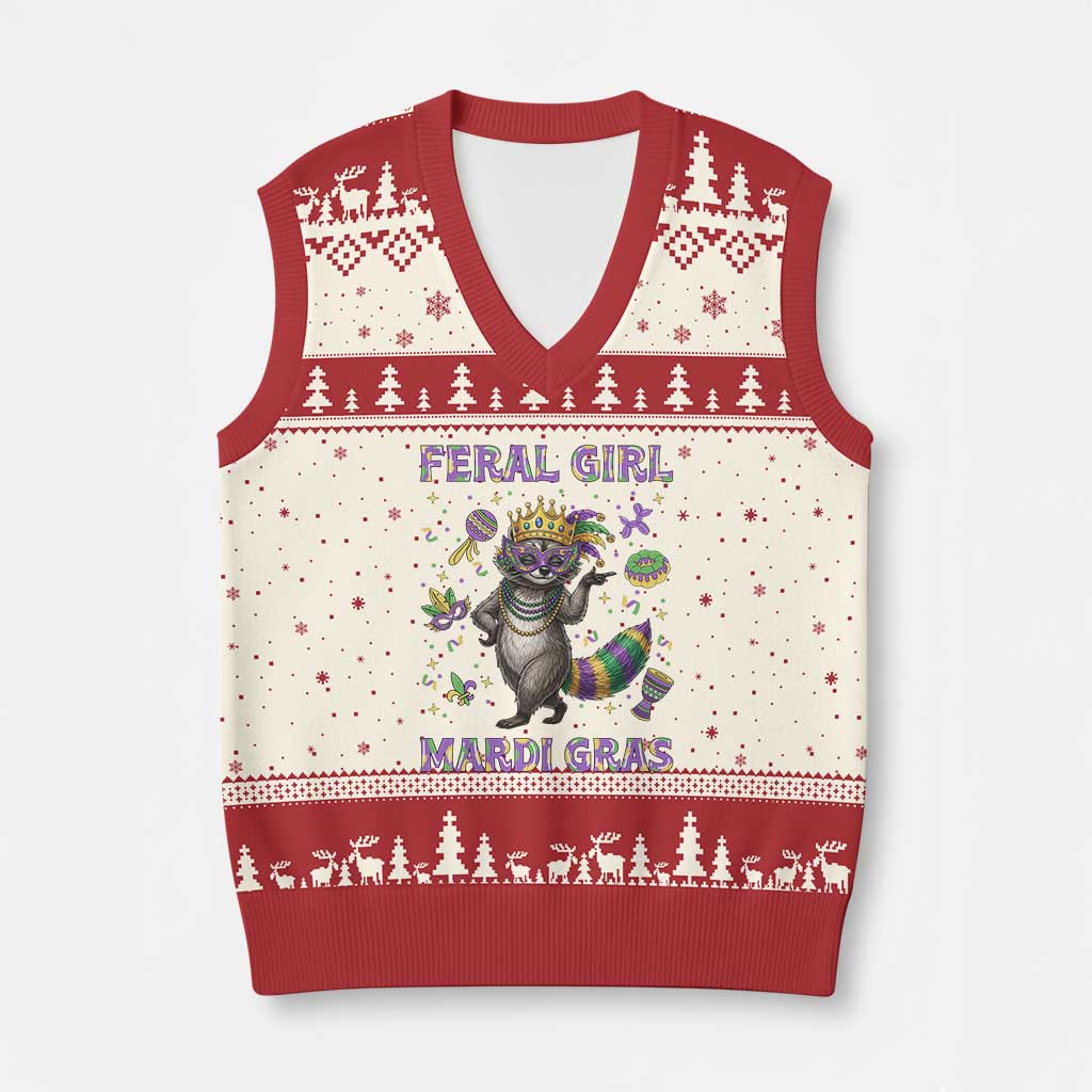 Mardi Gras Raccoon V-Neck Knit Sweater Vest Feral Girl Mardi Gras