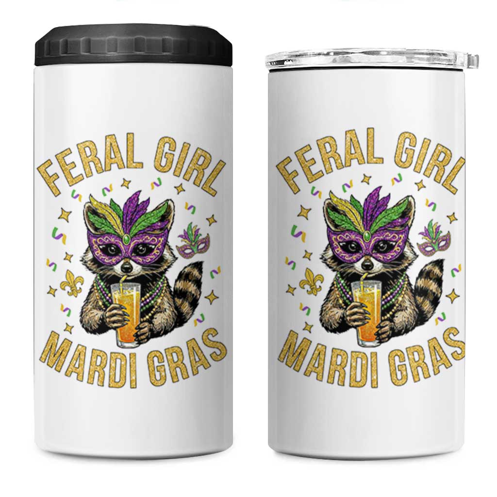 Mardi Gras Raccoon 4 in 1 Can Cooler Tumbler Feral Girl Mardi Gras Trash Panda