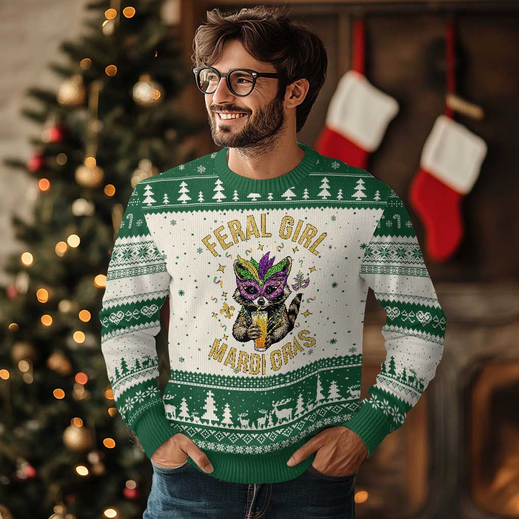 Mardi Gras Raccoon Ugly Christmas Sweater Feral Girl Mardi Gras Trash Panda