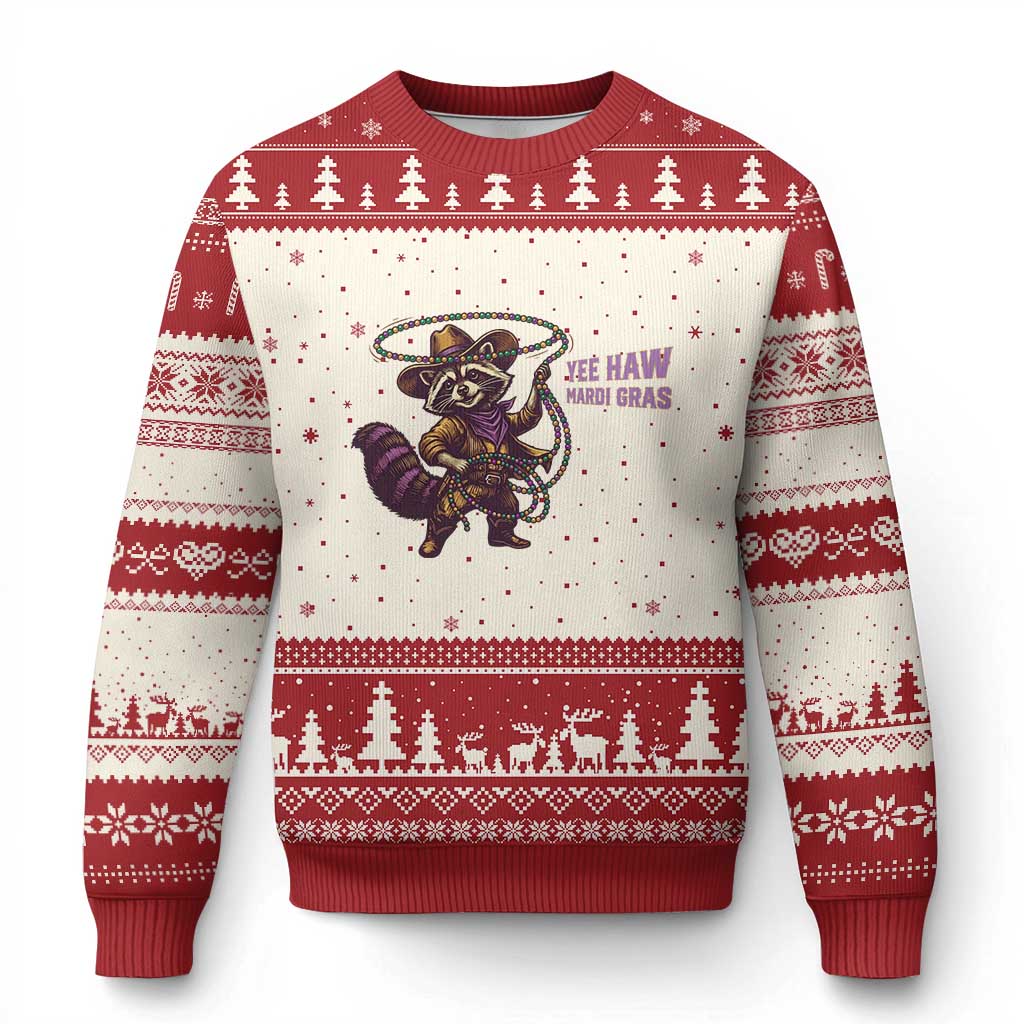 Mardi Gras Raccoon Ugly Christmas Sweater Yee Haw Cowboy Mardi Gras Carnival Trendy Meme