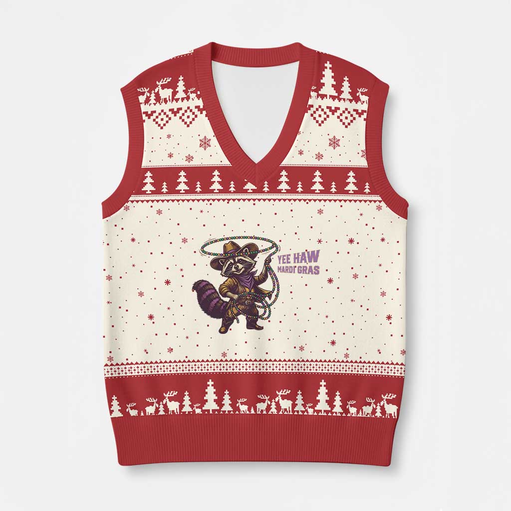 Mardi Gras Raccoon V-Neck Knit Sweater Vest Yee Haw Cowboy Mardi Gras Carnival Trendy Meme
