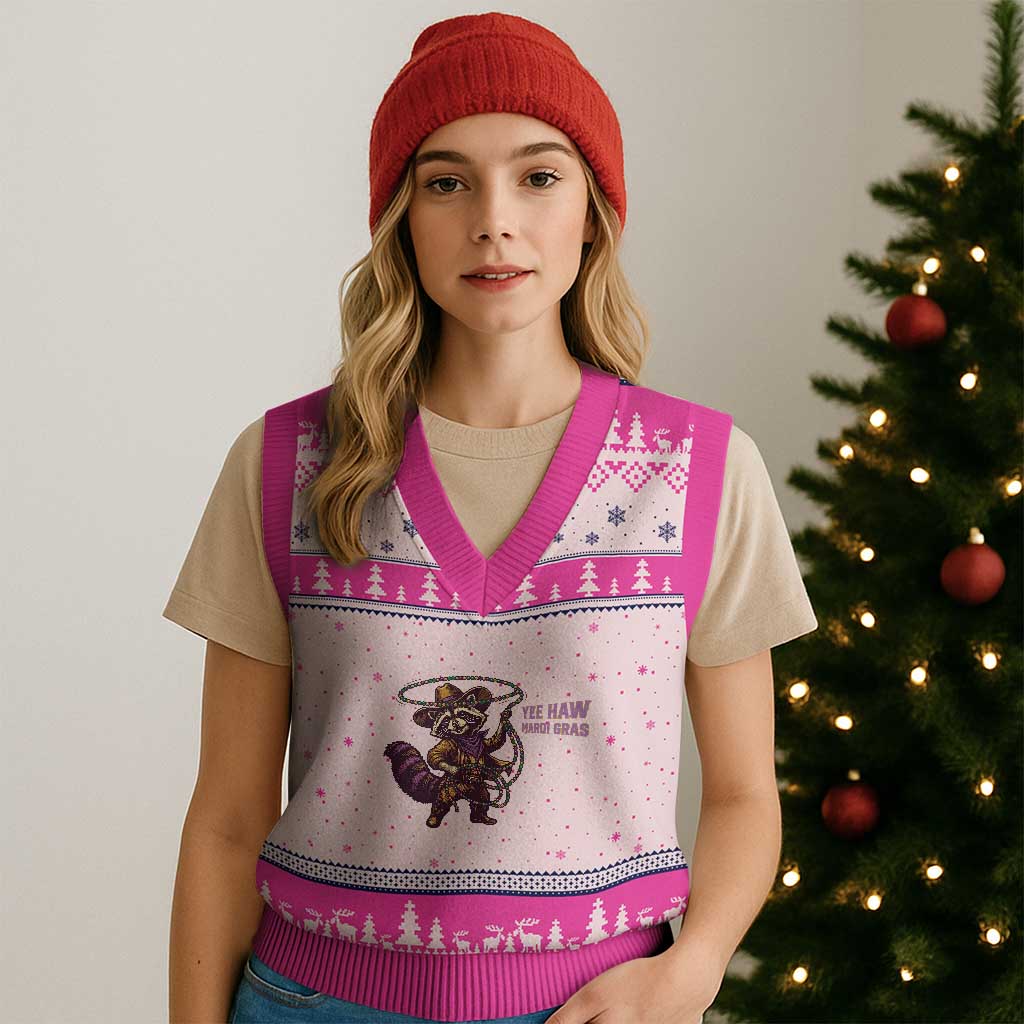 Mardi Gras Raccoon V-Neck Knit Sweater Vest Yee Haw Cowboy Mardi Gras Carnival Trendy Meme