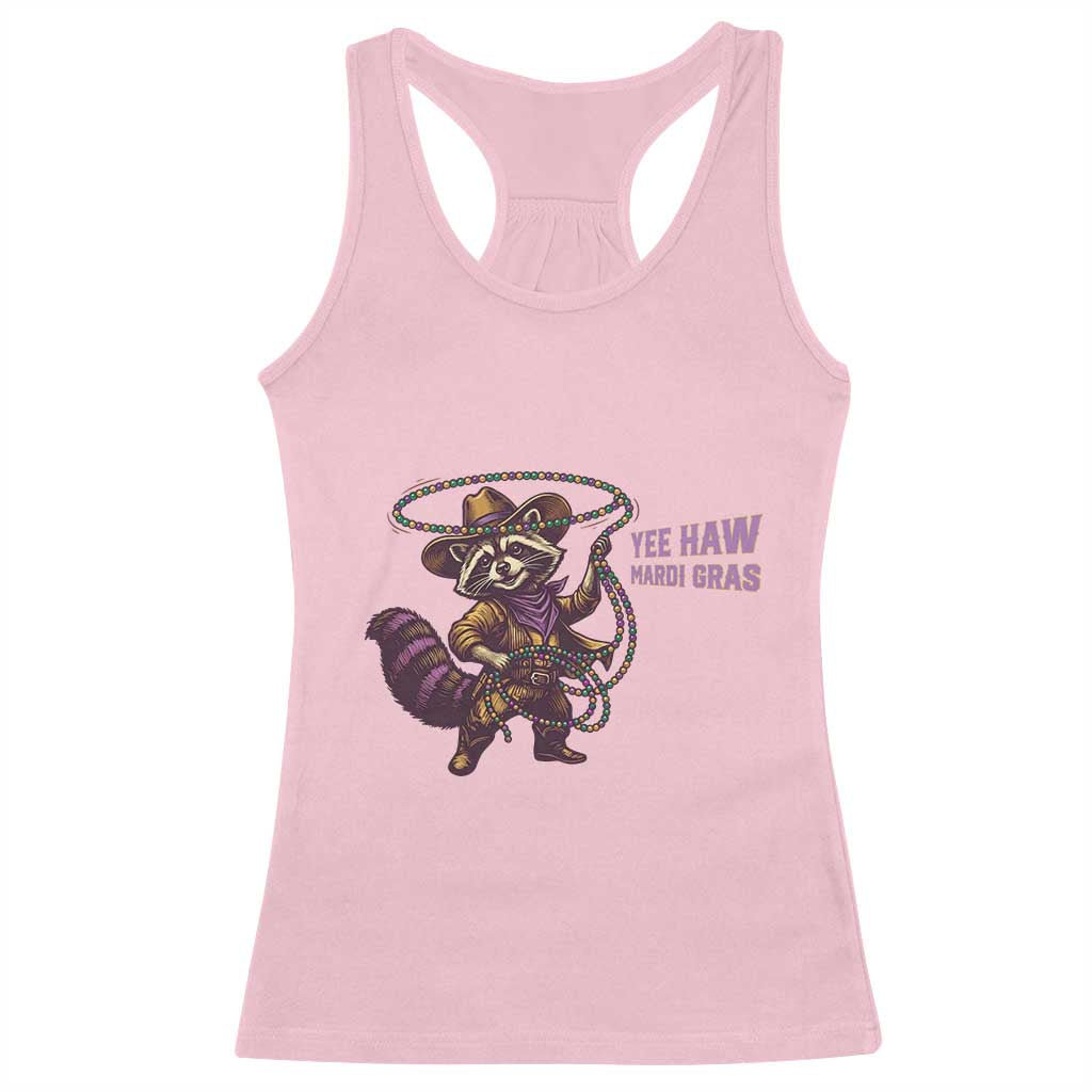 Mardi Gras Raccoon Racerback Tank Top Yee Haw Cowboy Mardi Gras Carnival Trendy Meme