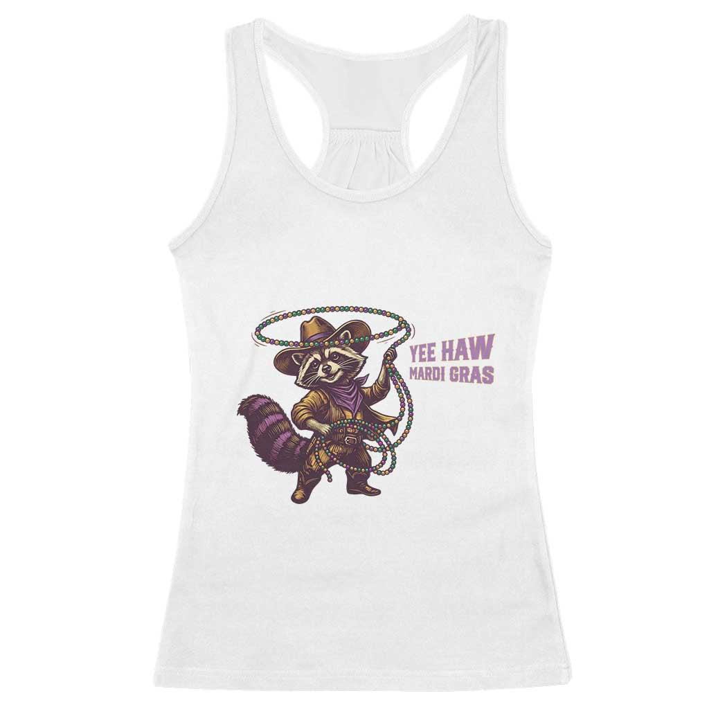 Mardi Gras Raccoon Racerback Tank Top Yee Haw Cowboy Mardi Gras Carnival Trendy Meme