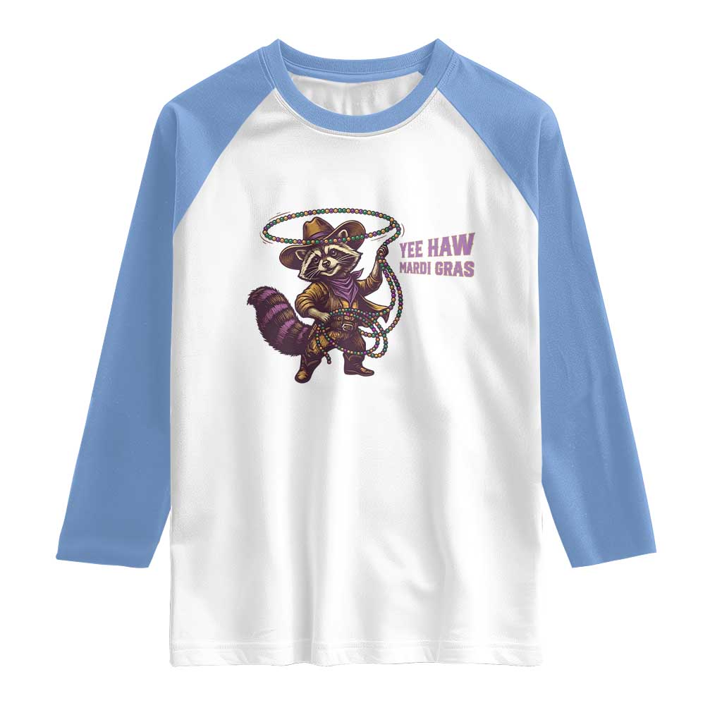 Mardi Gras Raccoon Raglan Shirt Yee Haw Cowboy Mardi Gras Carnival Trendy Meme