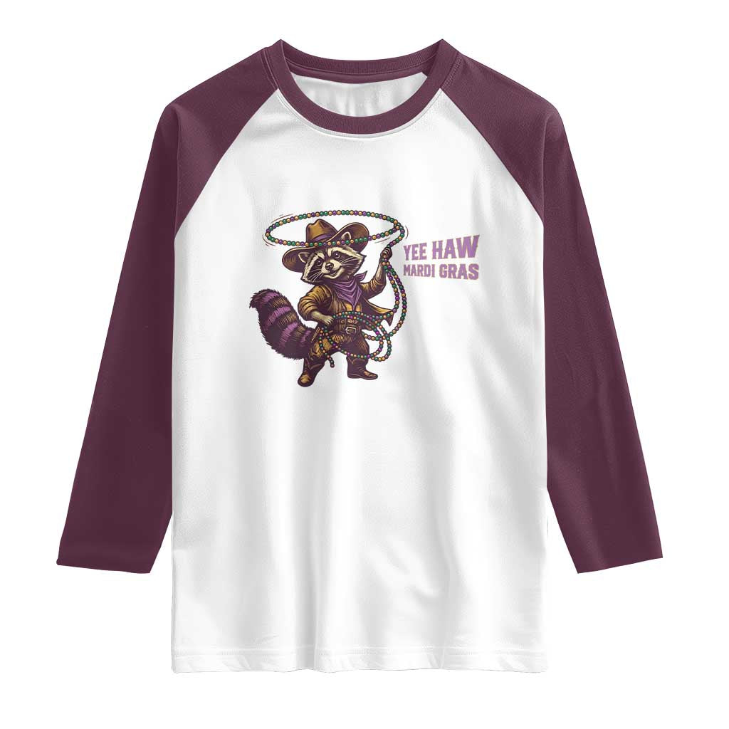 Mardi Gras Raccoon Raglan Shirt Yee Haw Cowboy Mardi Gras Carnival Trendy Meme