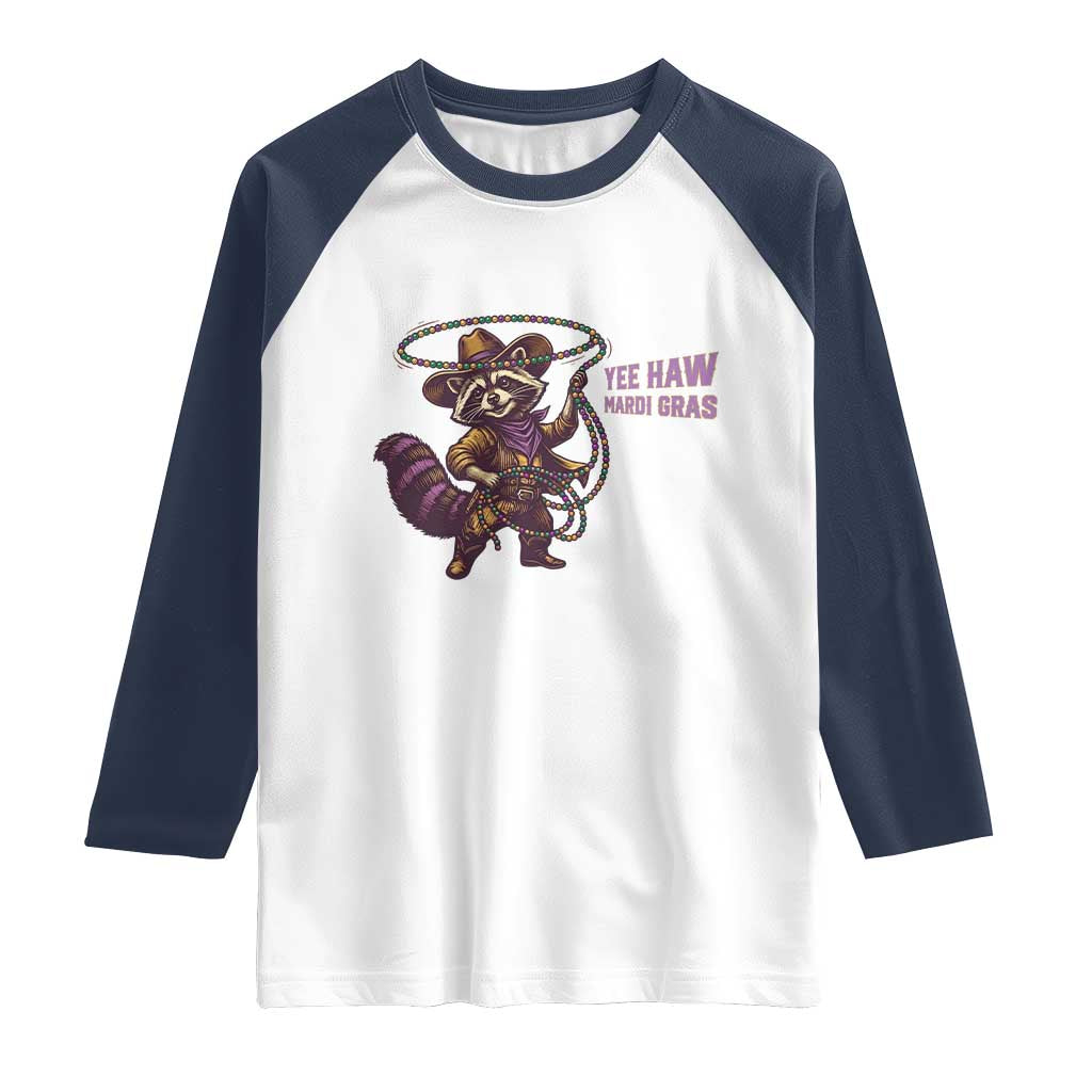 Mardi Gras Raccoon Raglan Shirt Yee Haw Cowboy Mardi Gras Carnival Trendy Meme