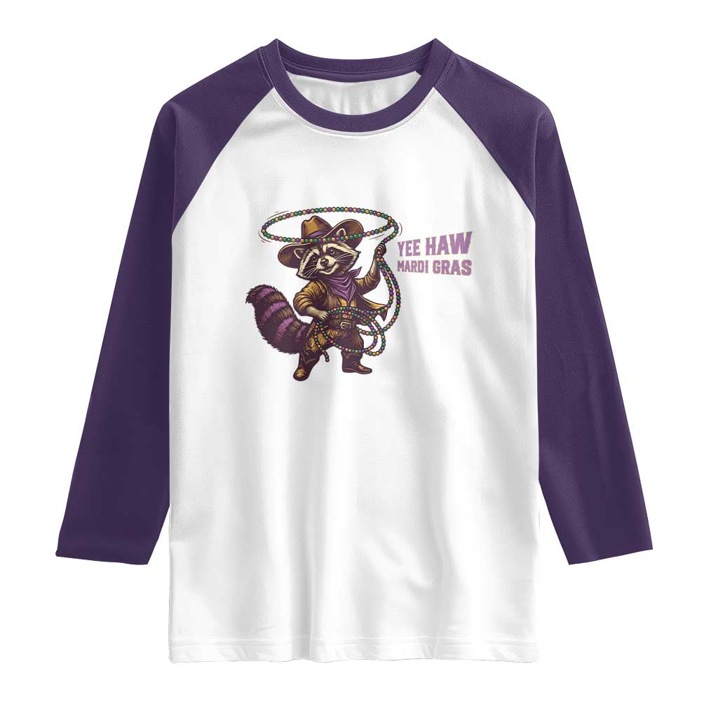 Mardi Gras Raccoon Raglan Shirt Yee Haw Cowboy Mardi Gras Carnival Trendy Meme