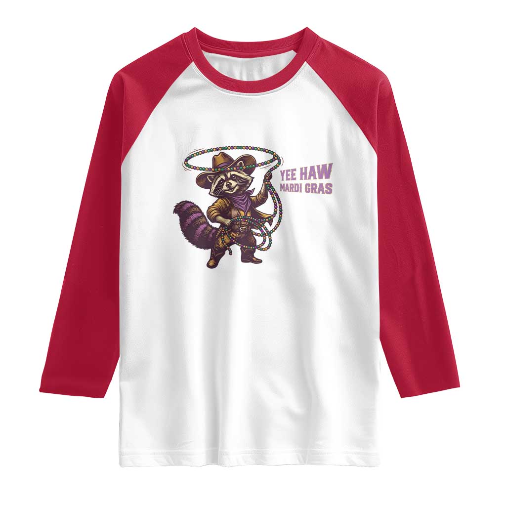 Mardi Gras Raccoon Raglan Shirt Yee Haw Cowboy Mardi Gras Carnival Trendy Meme