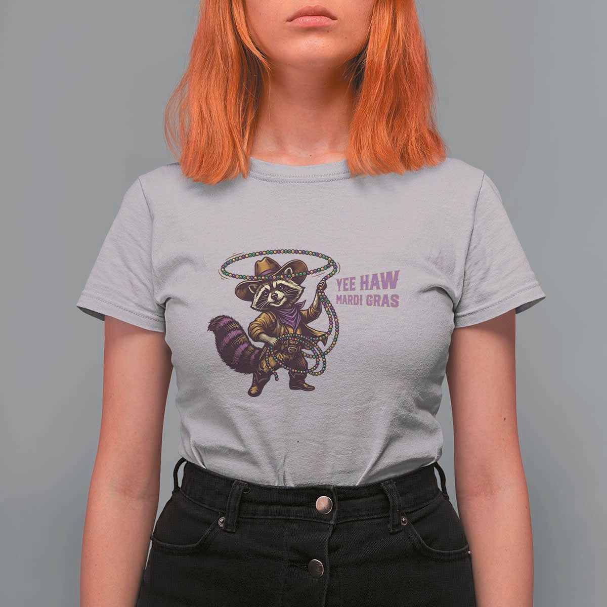 Mardi Gras Raccoon T Shirt For Women Yee Haw Cowboy Mardi Gras Carnival Trendy Meme