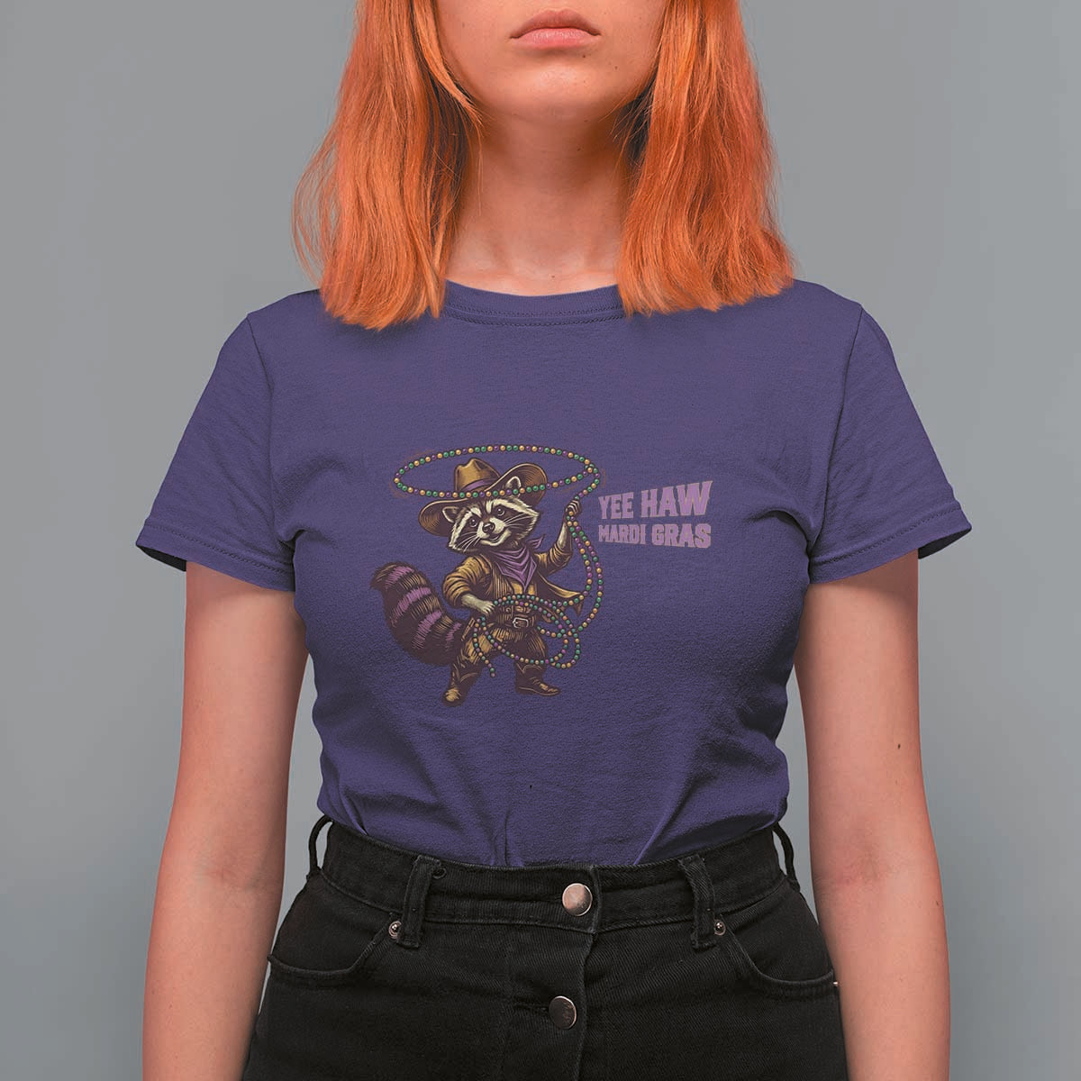 Mardi Gras Raccoon T Shirt For Women Yee Haw Cowboy Mardi Gras Carnival Trendy Meme