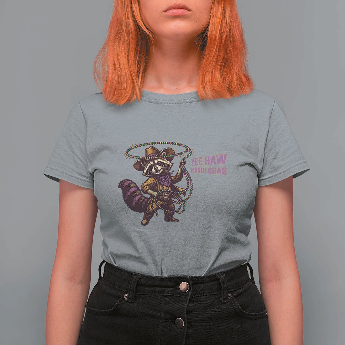 Mardi Gras Raccoon T Shirt For Women Yee Haw Cowboy Mardi Gras Carnival Trendy Meme